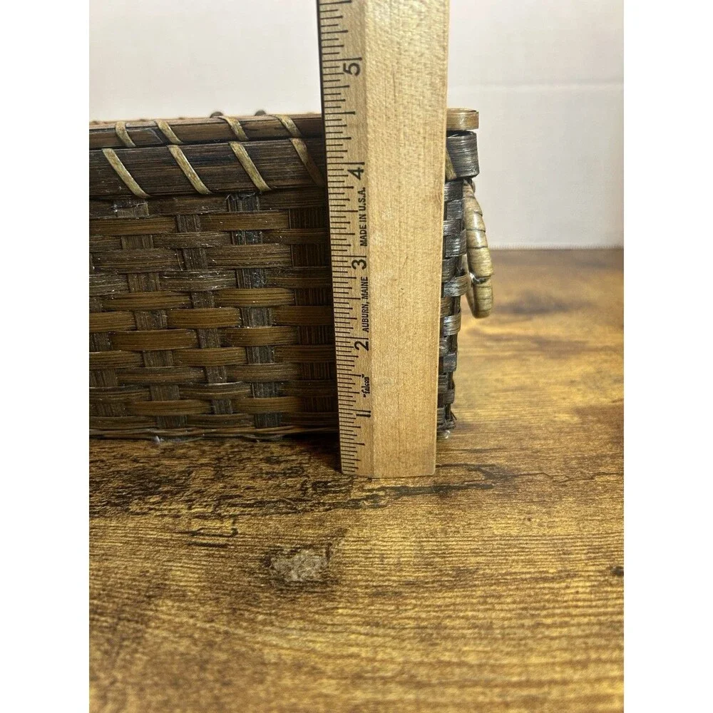 Vintage Woven Wicker Basket Hinged Lid Ring Handles Rustic Trinket Storage Decor